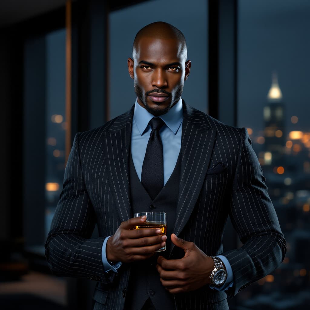 AI generated: A hyper-realistic FULL BODY portrait of a suave BLACK secret agent WITH A  chiseled jawline; BALD HE...