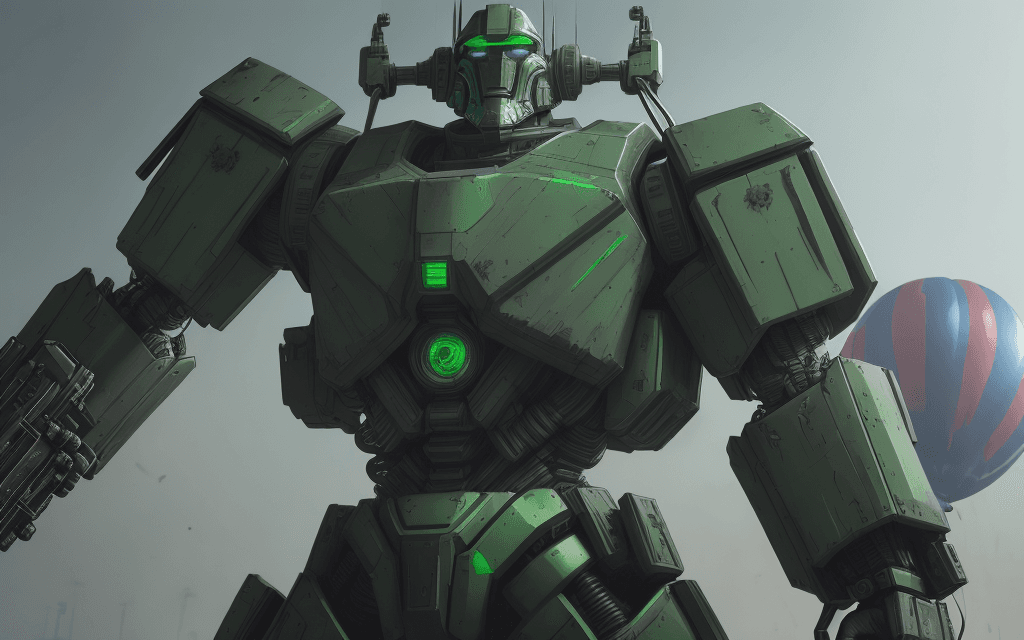 AI generated: brutal man warrior robot stands and holding a M41A Pulse Rifle in his hands, after the battle, looki...