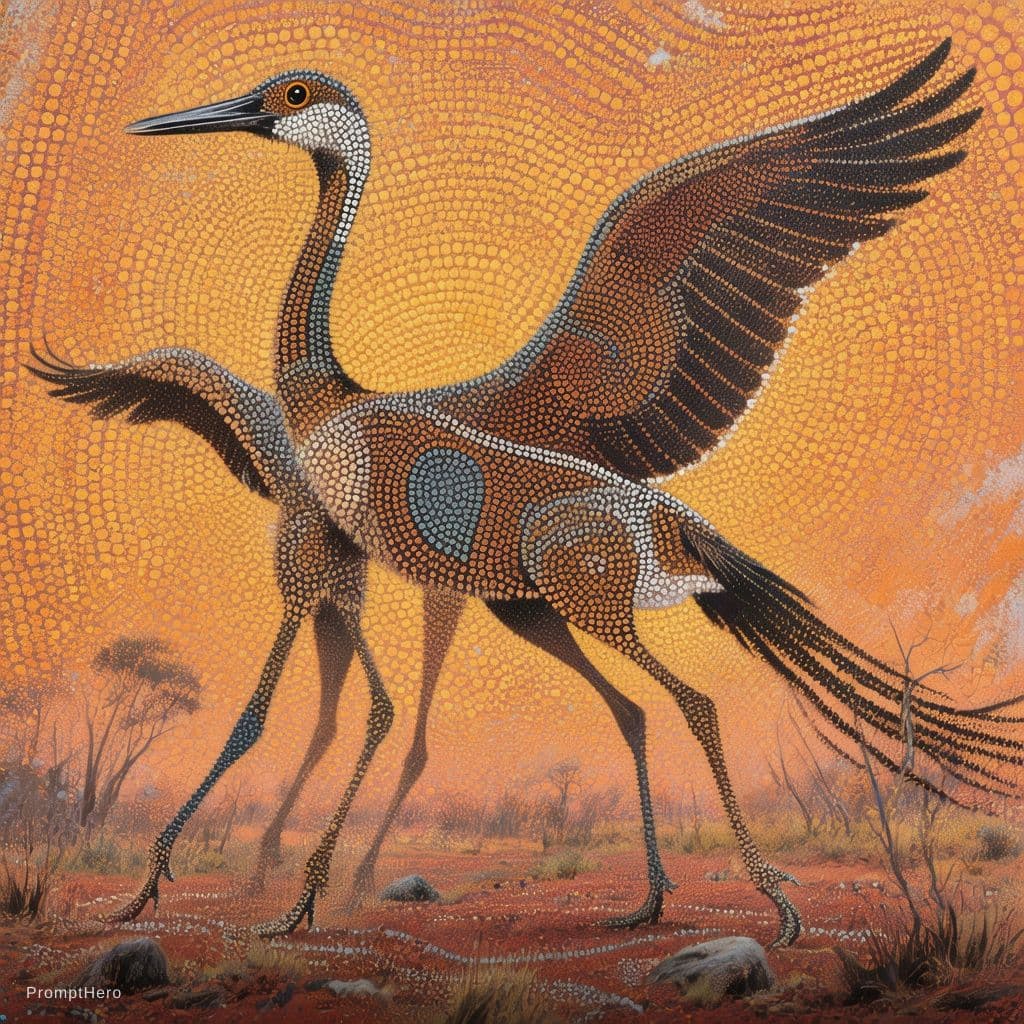AI generated: An Aboriginal dot painting of an animal with long necks, legs and tail that resembles the bird white...