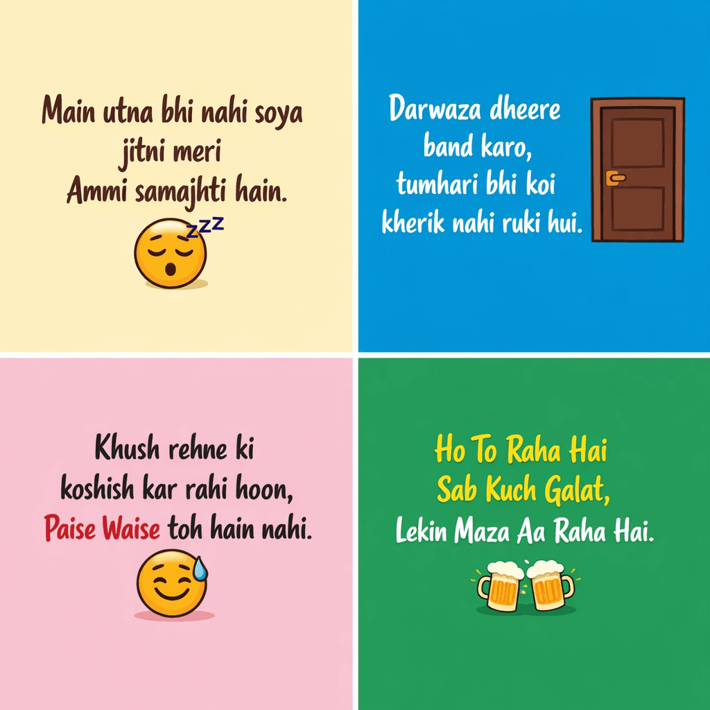 AI generated: MAKE AN IMAGES OF FUNNY QOUETS BACK GROUND SIMPLE COLOURS QOUTES WRRITEN IN ROMON URDU 