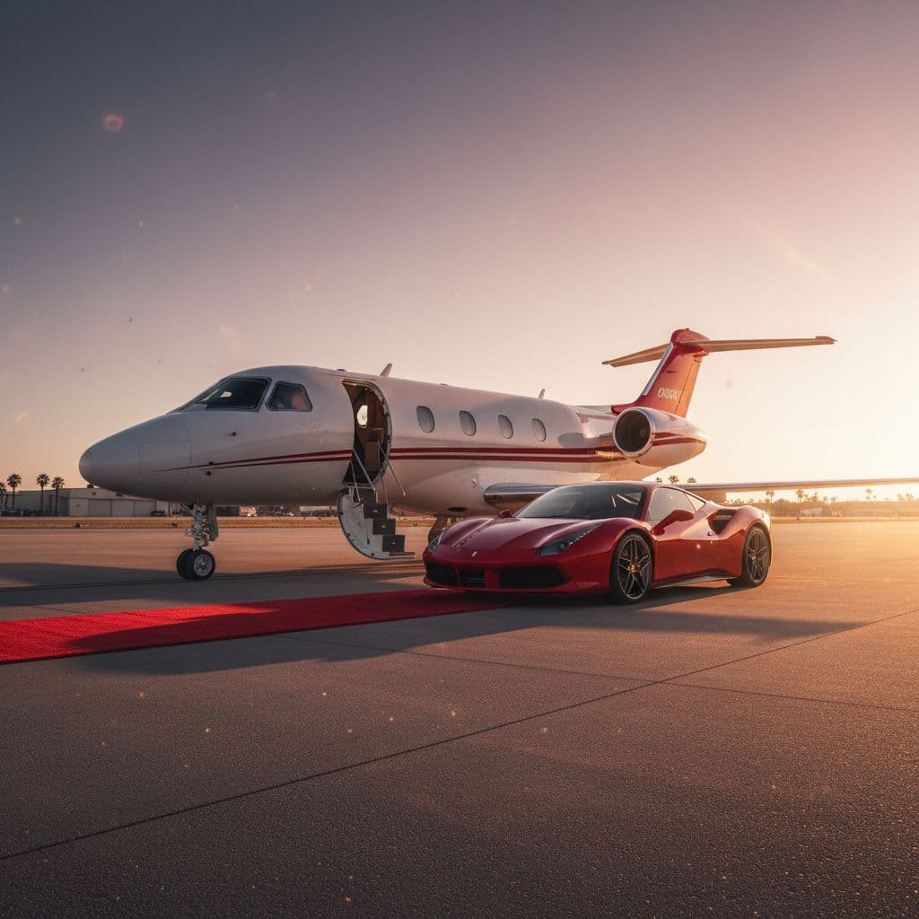 AI generated: A red and white full shot of  a  private jet with doors open and red Ferrari parked by the Side with...