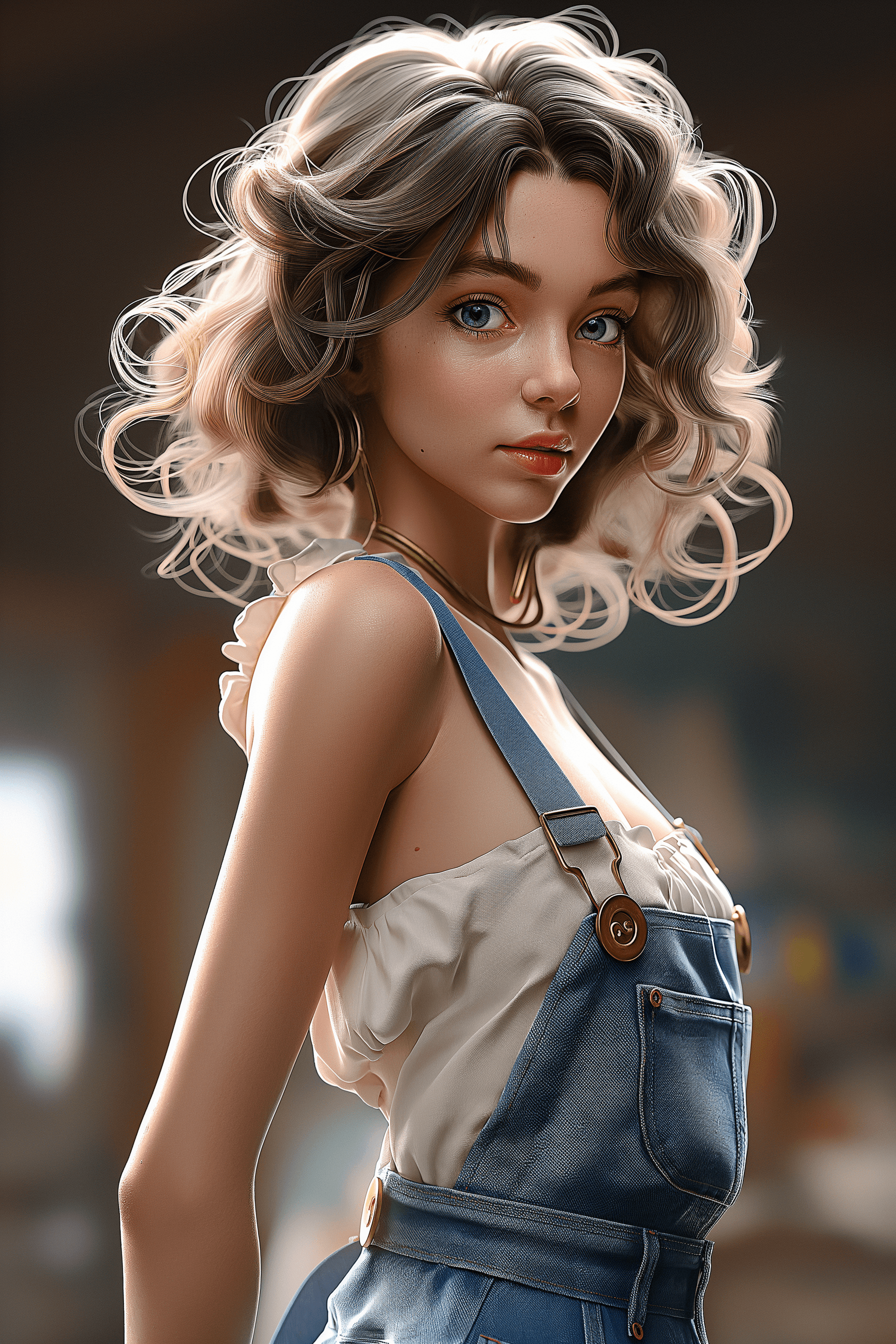 AI generated: a girl in jean overalls posing with a doll face, in the style of zbrush, anime art, realistic render...
