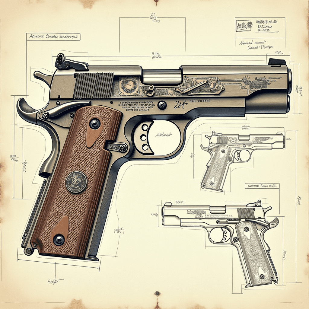 AI generated: a colt 1911 pistol schematic showcasing a cutaway design that reveals its internal structure prompts...