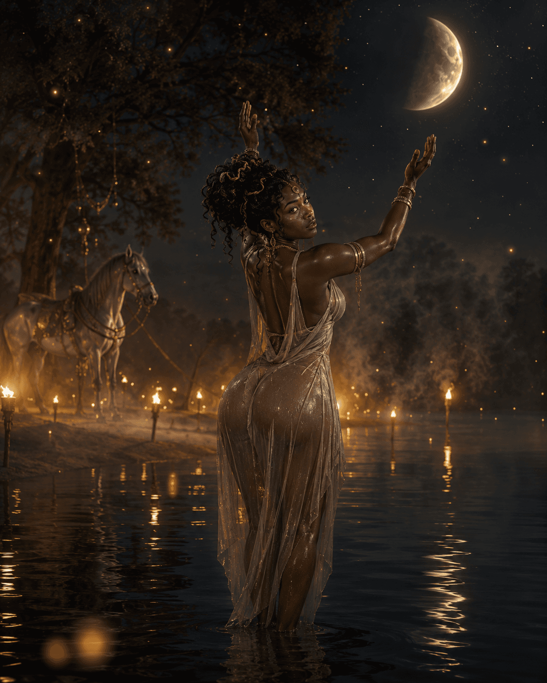 AI generated: editorial with quiet retro-futurist atmosphere. A moon-worshiping priestess stands ankle-deep, back ...
