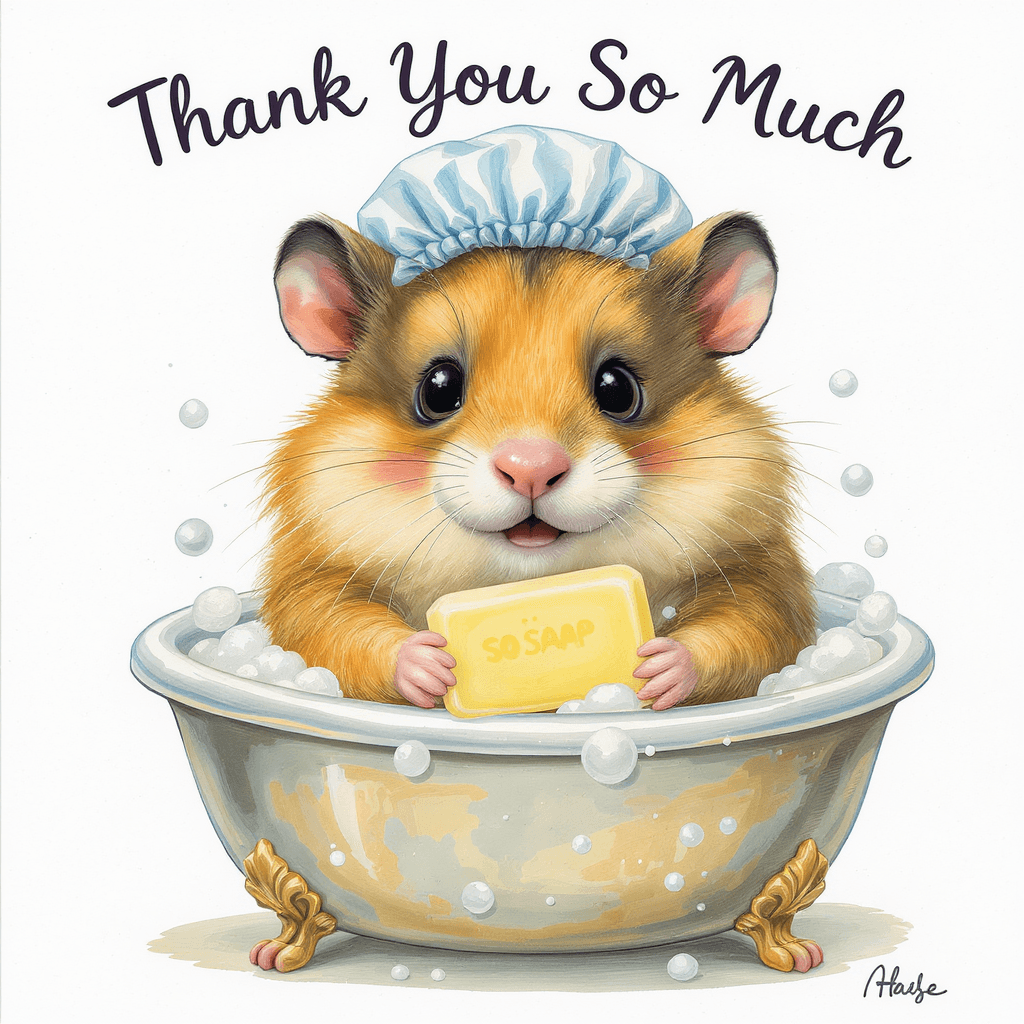 AI generated: 400 pixels, whimsical, caricature cute hampster is taking a bubble bath. He is wearing a shower cap ...