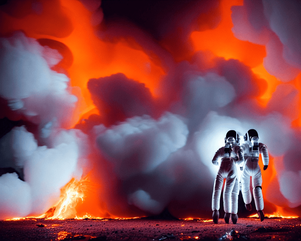 AI generated: two   white suited astronauts are  running wild in a futuristic smoky corridor in a spaceship. the r...