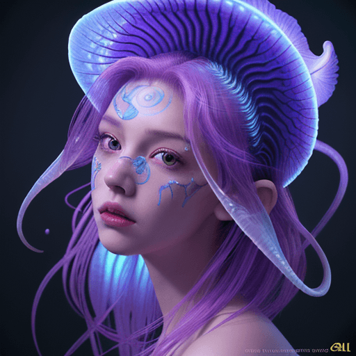 AI generated: Goddess close-up portrait ribcagel. jellyfish phoenix head, nautilus, orchid, skull, betta fish, bio...