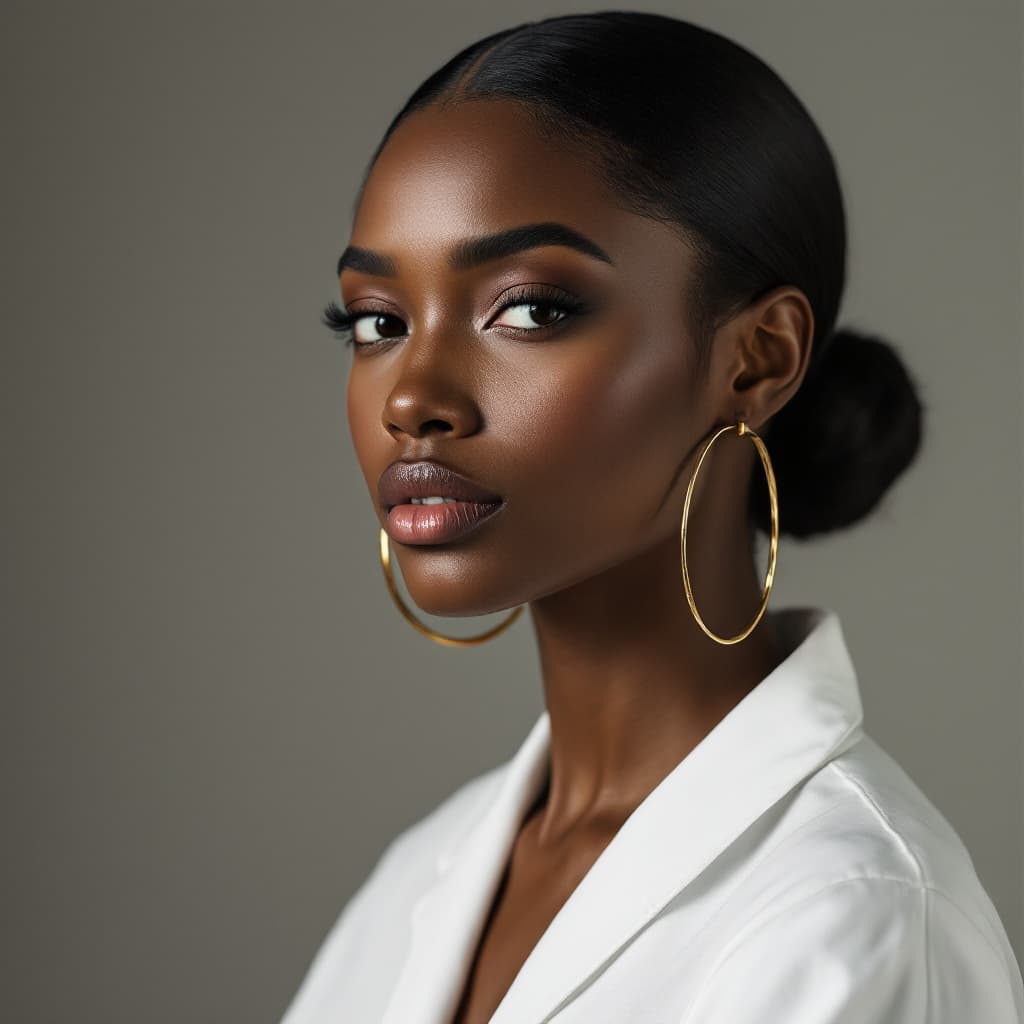AI generated: A 29-year-old African-American woman with smooth espresso-toned skin and a sleek low bun, wearing a ...
