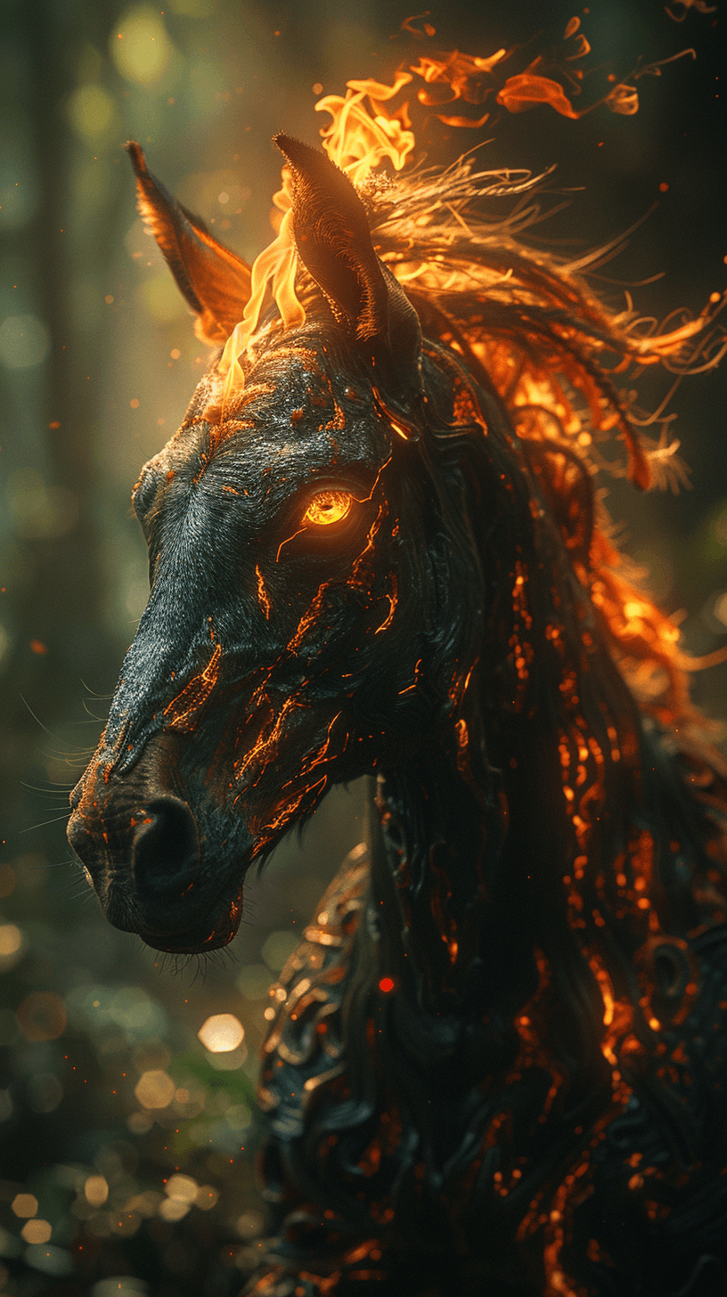 AI generated: brazilian folklore headless mule with a flaming neck, super-detailed hypermaximalist cinematography,...