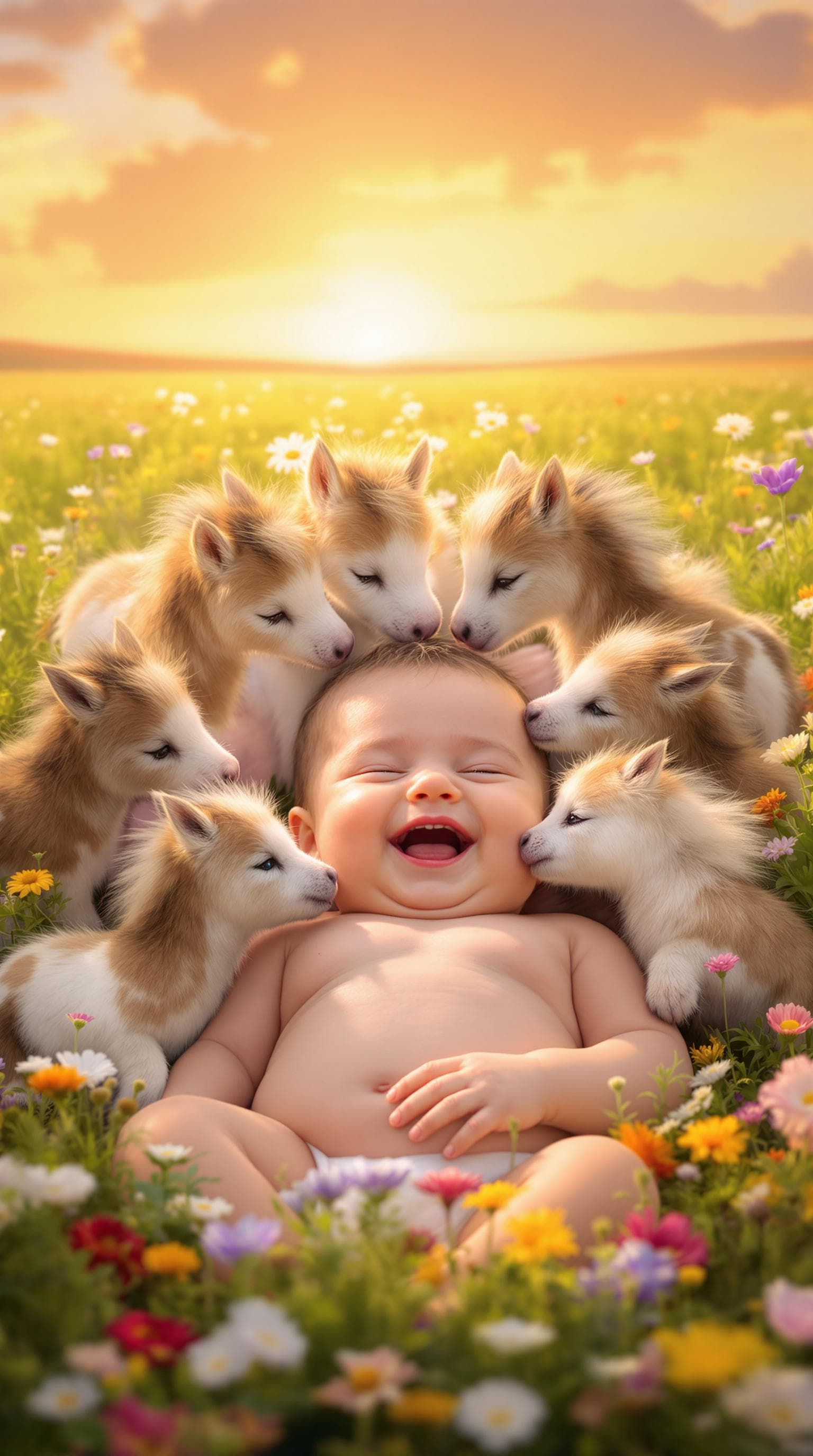 AI generated: A hyper-realistic image of an adorable chubby baby lying on a soft, grassy meadow, surrounded by a b...