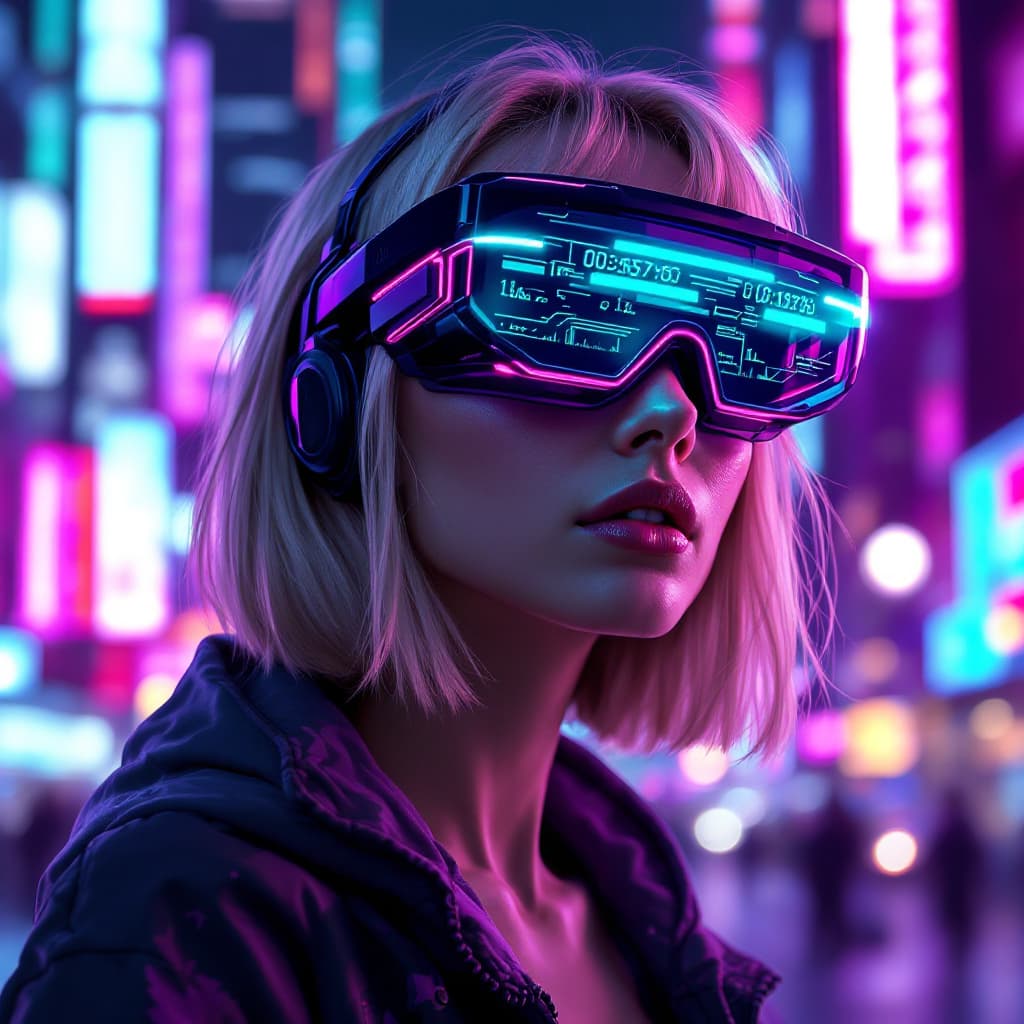 AI generated: A futuristic digital illustration features a woman wearing augmented reality glasses in a vibrantly ...