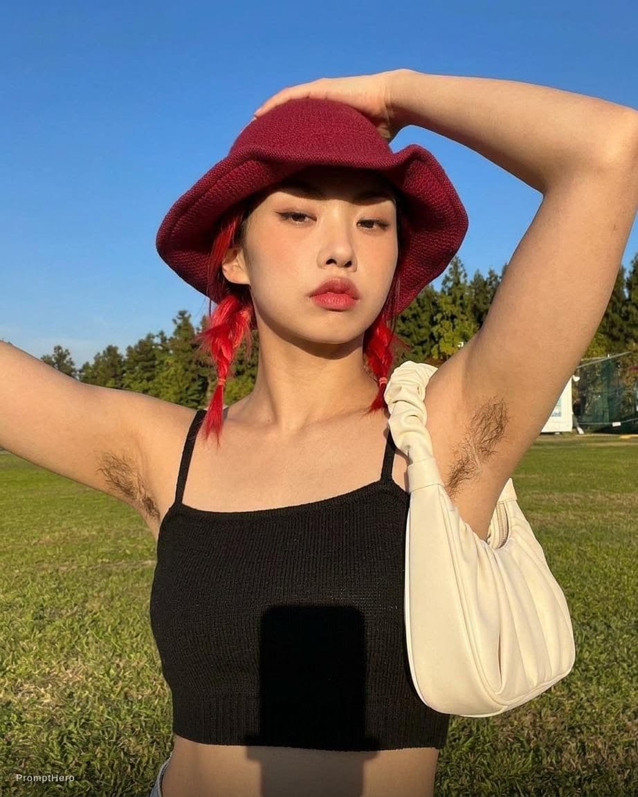AI generated: hairy armpit, wearing spaghetti strap crop top