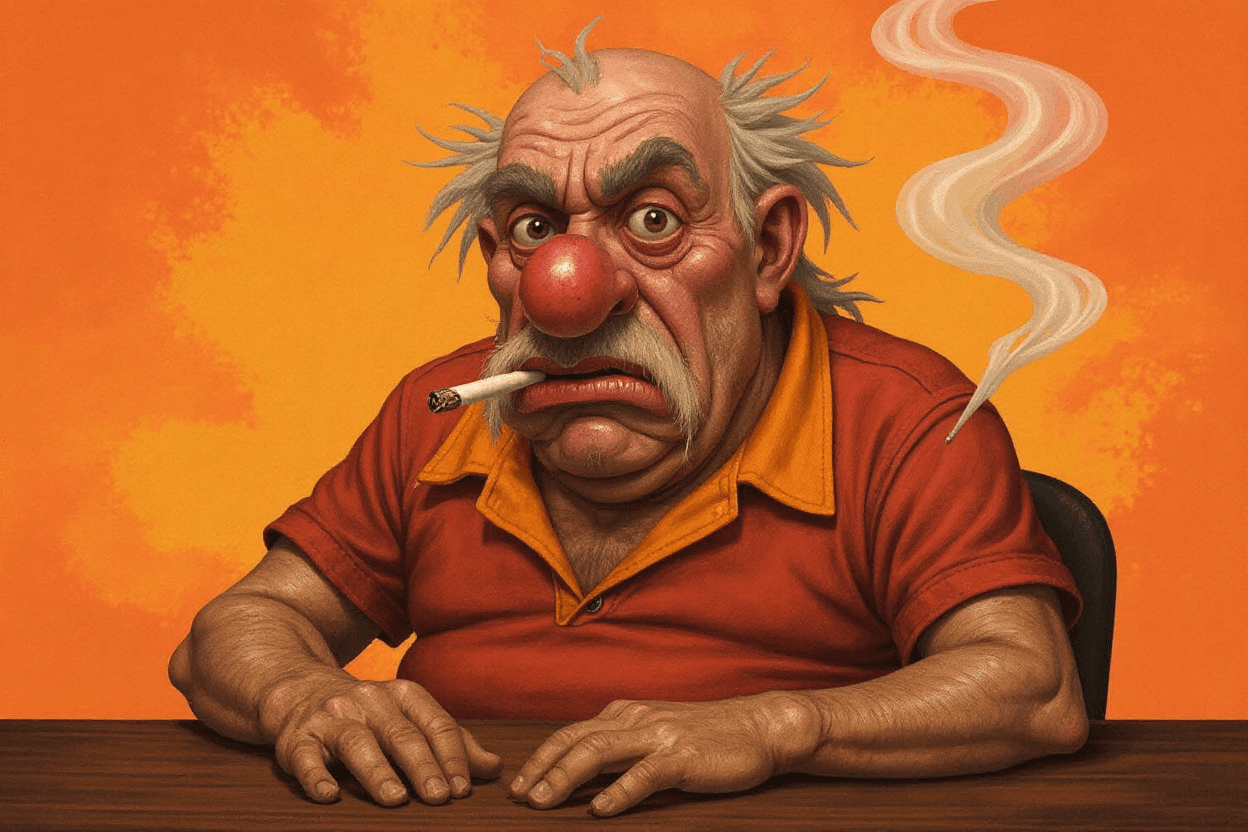 AI generated: funny caricature, disheveled clown character, male, 45 years old, messy, grumpy, tired, exaggerated ...