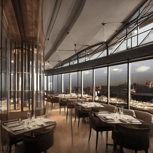 AI generated: Hyper realistic eye level interior photo of a rooftop fine dining restaurant with 2 sides glass wall...