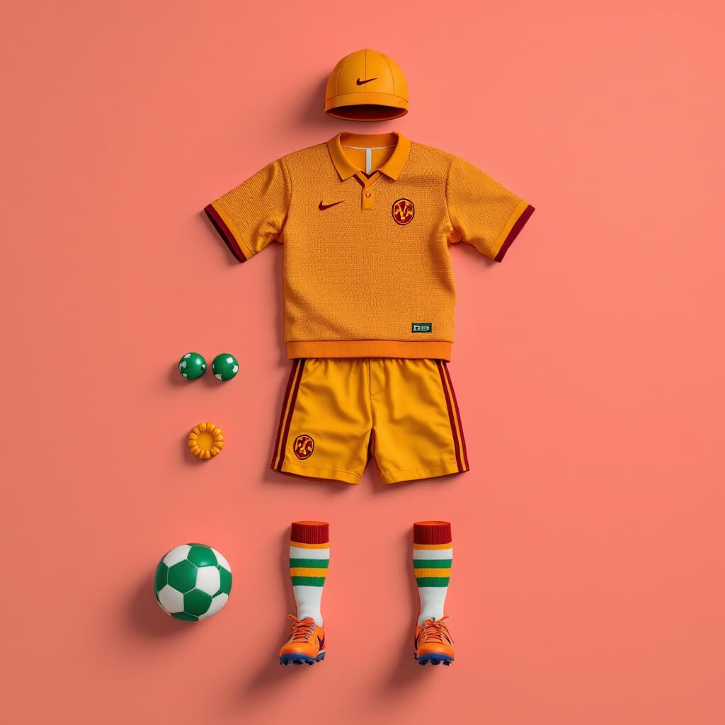 AI generated: a flat photograph of a vintage knolling football outfit :: Wes Anderson color palette, studio lighti...