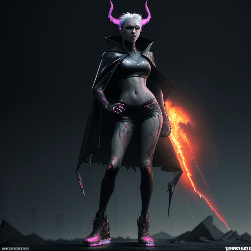 AI generated: BEAUTIFUL DEVIL FROM HELL , CAPE OF FIRE, perfect proportion, Cyberpunk Edgerunner style, late night...