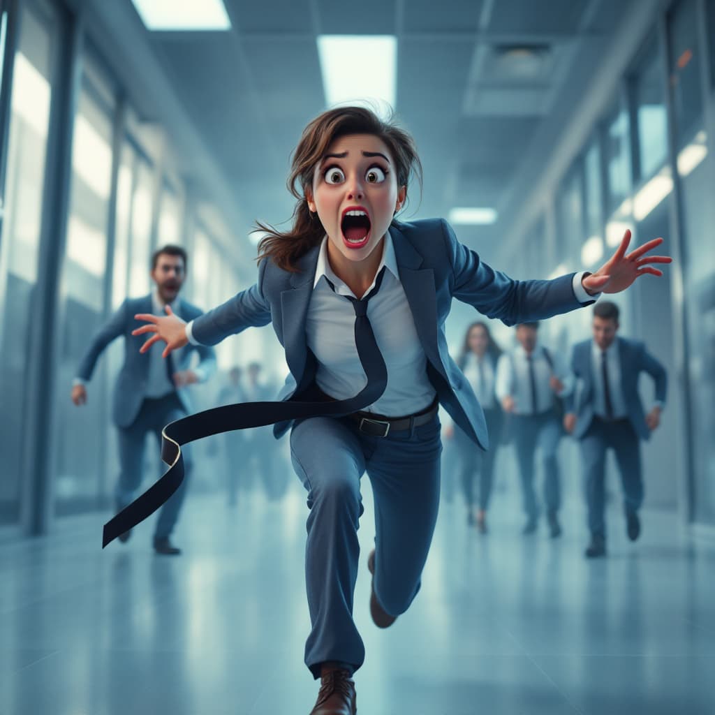 AI generated: a female office supervisor is chasing her fellow employees out of the building, holding a pants belt...