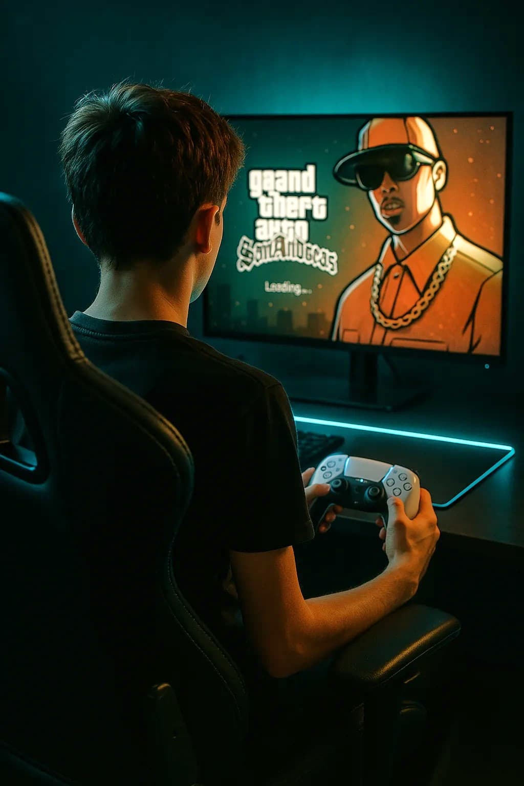 AI generated: hyper-realistic depiction of a boy clad in black shirt, senn from behind, sitting on a a gaming chai...