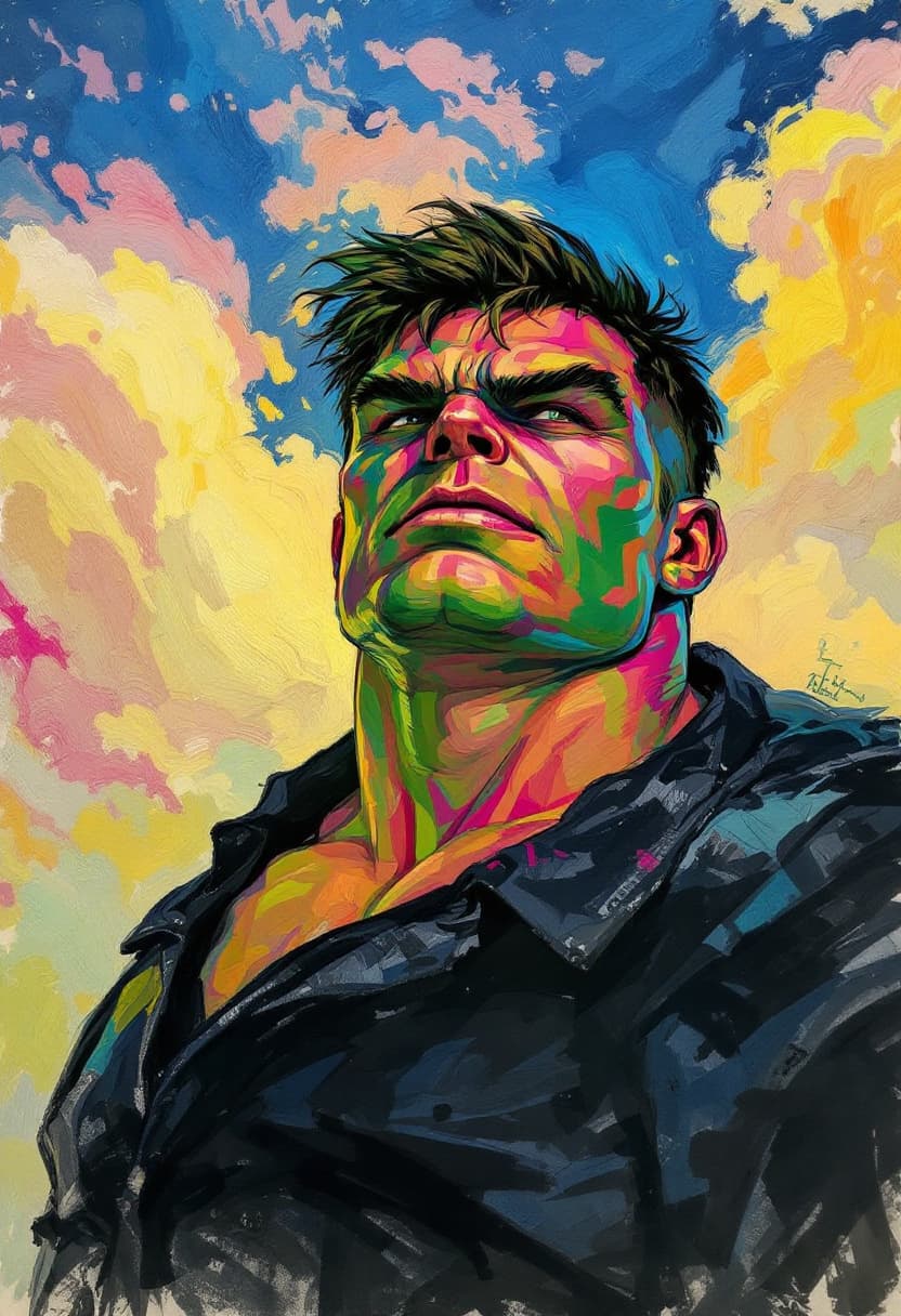 AI generated: Portrait tilted at 45 degrees, dynamic pose,  Hulk, Art Nouveau, Neo-Impressionism, charcoal illustr...