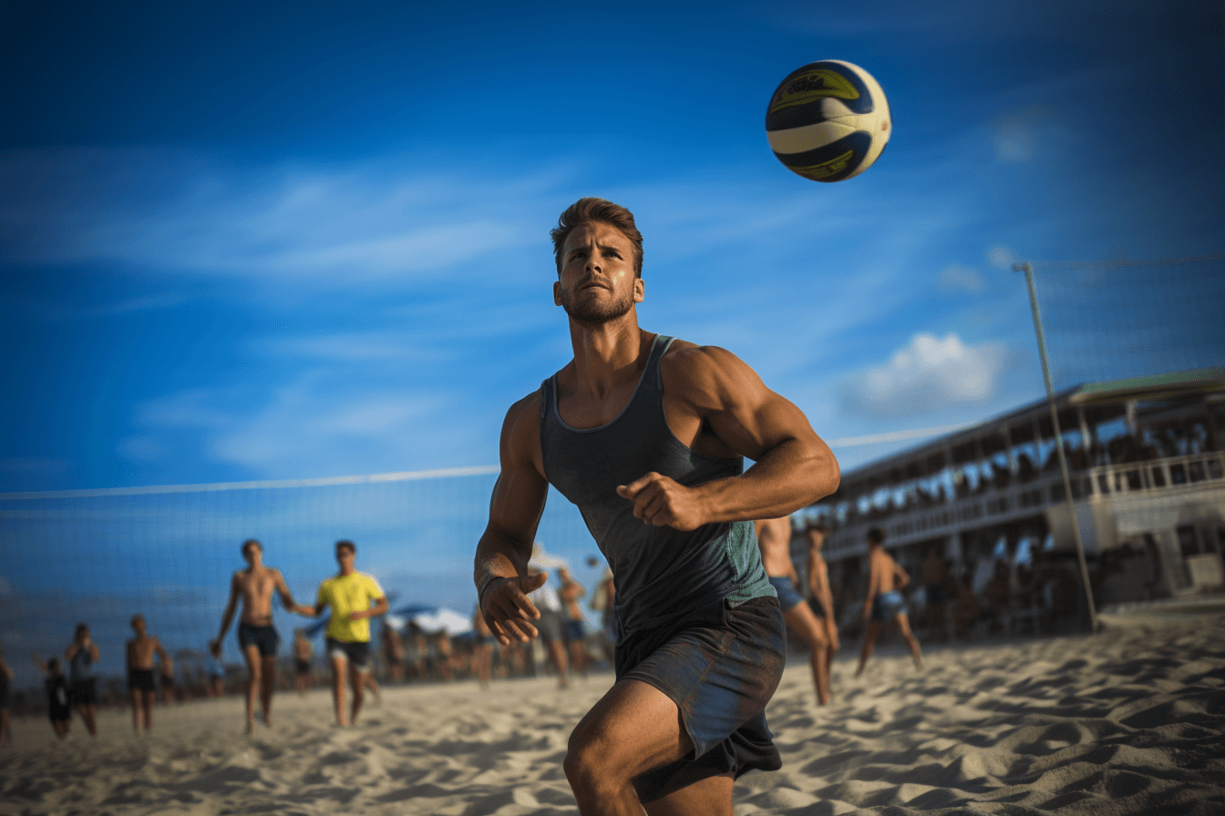 AI generated: Beach volleyball, with white sand, Leo Messi, net, and players, environment, EOS R5