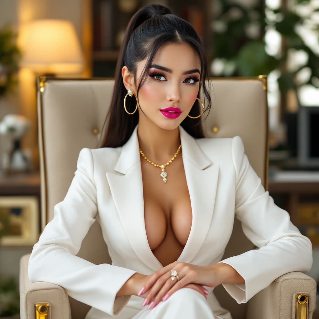 AI generated: a beautiful alluring Asian in a designer white and gold business suit sitting on an executive chair ...