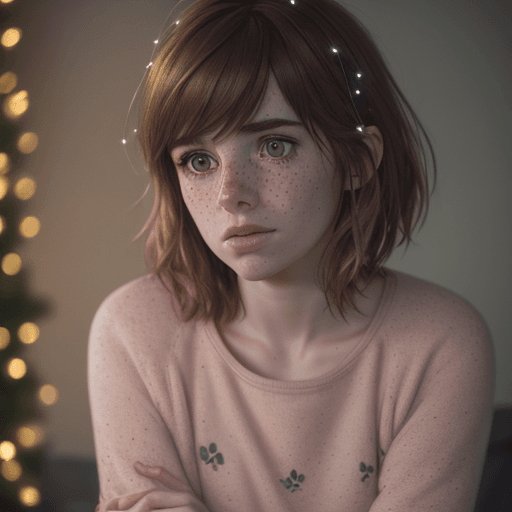 AI generated: 4k,8k,uhd,(max caulfield),beautiful natural,a few freckles,pink deershirt,(((fairy lights and a lot ...