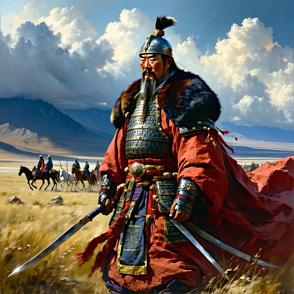AI generated: Chinggis Khan, the legendary Mongolian conqueror, portrayed as a heroic figure of the eternal steppe...