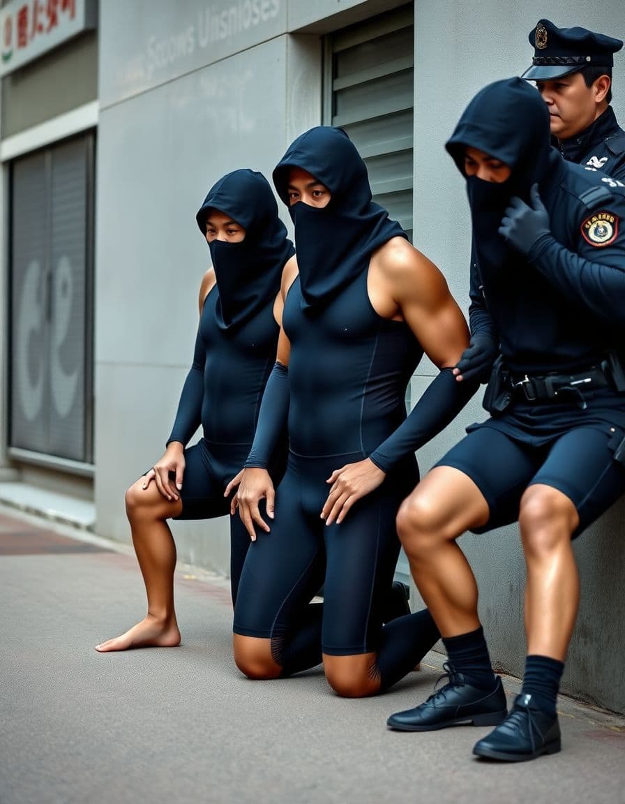 AI generated: Police arrest three male Chinese swimmers wearing compression racing jammers on a street next to a w...