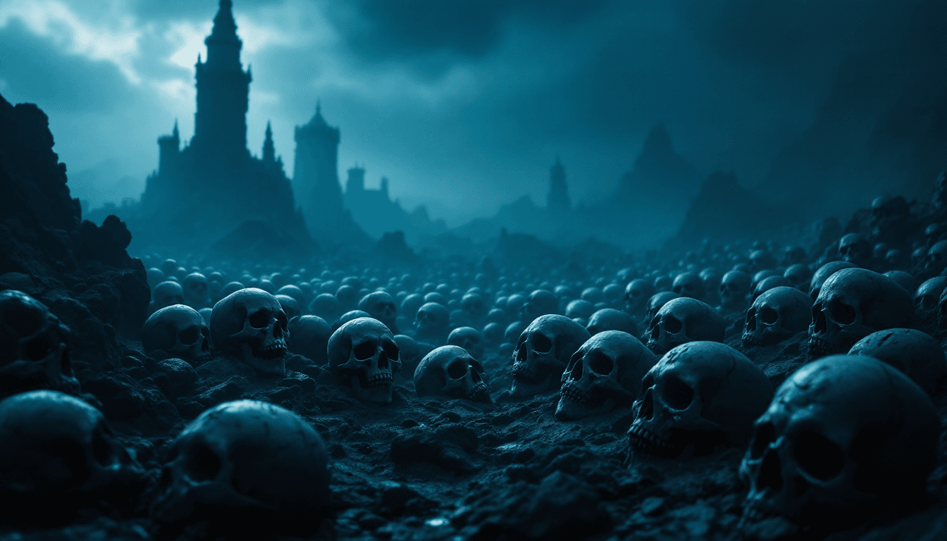 AI generated: a dark landscape covered with human skulls, volumetric lighting, high detail 4K