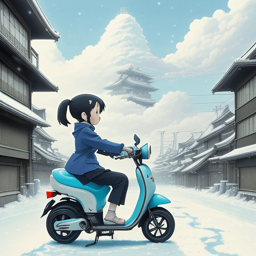 AI generated: The little girl riding an electric scooter/bike, in a beautiful anime scene by Hayao Miyazaki: a sno...
