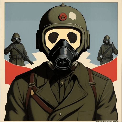 AI generated: Soviet propaganda poster with a soldier with gas mask helmet on asking men to go to war 