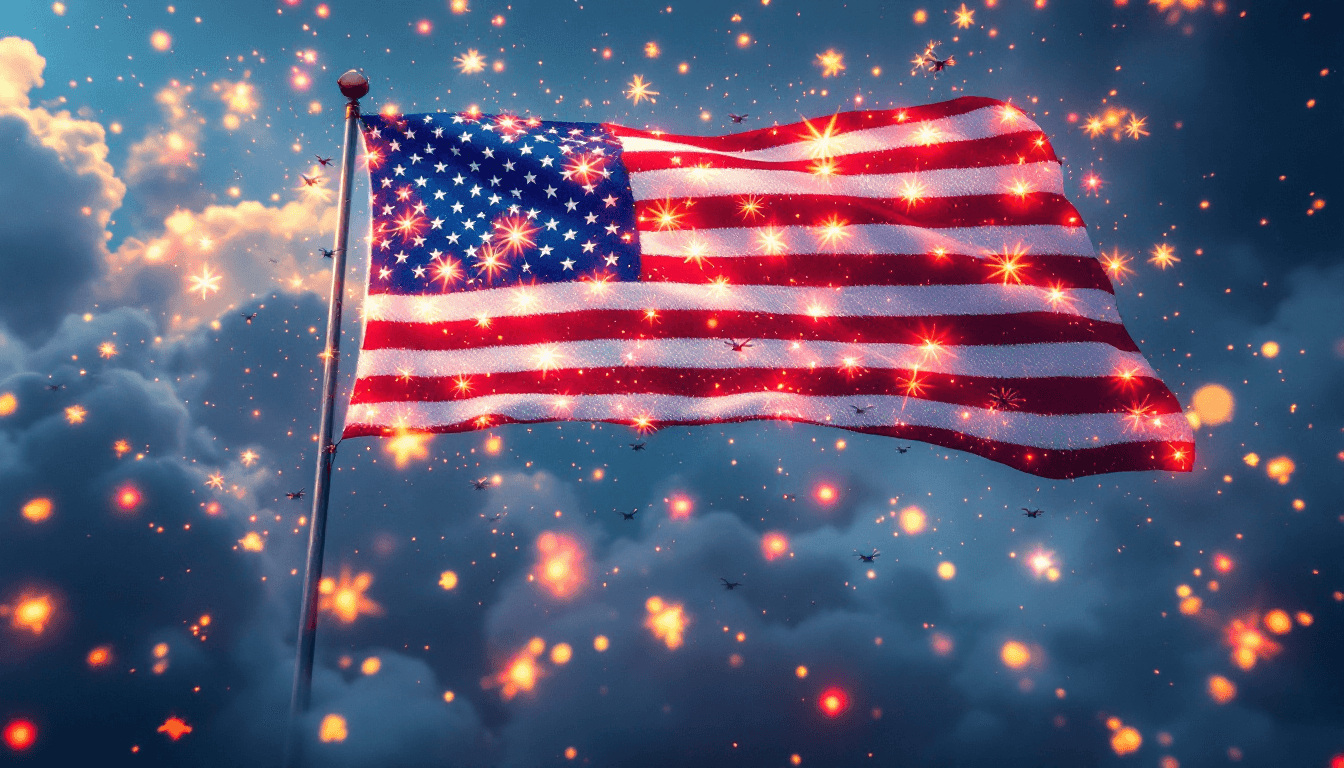 AI generated: 4K, photorealistic image of a 4th of July drone show with the drones in the formation of a huge Amer...