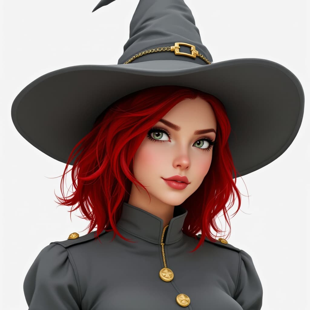 AI generated: video game character, witch, in grey uniform, red hair