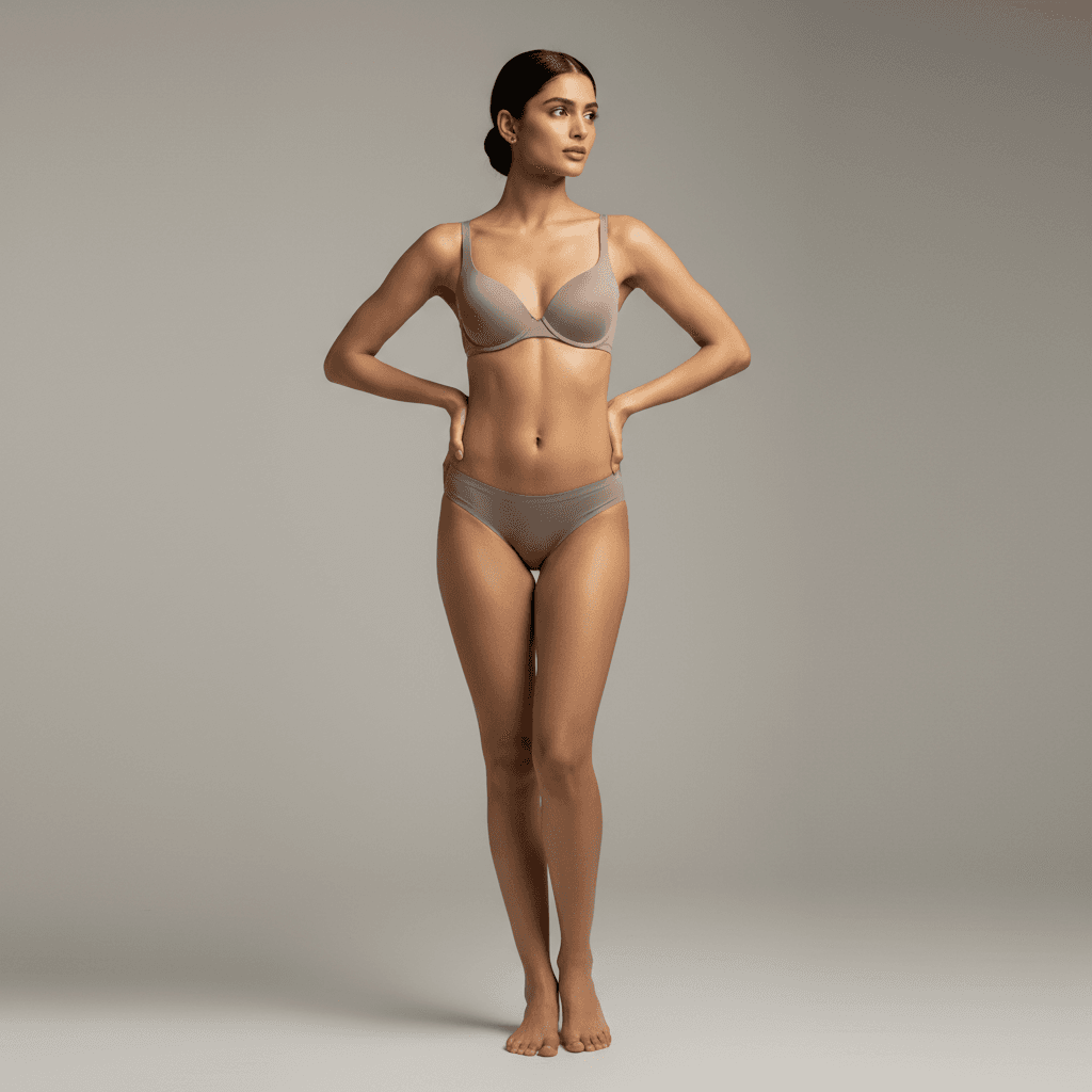 AI generated:  "A hyper-realistic, ultra-detailed full-body depiction of the same woman (173 cm) with a tall, well...