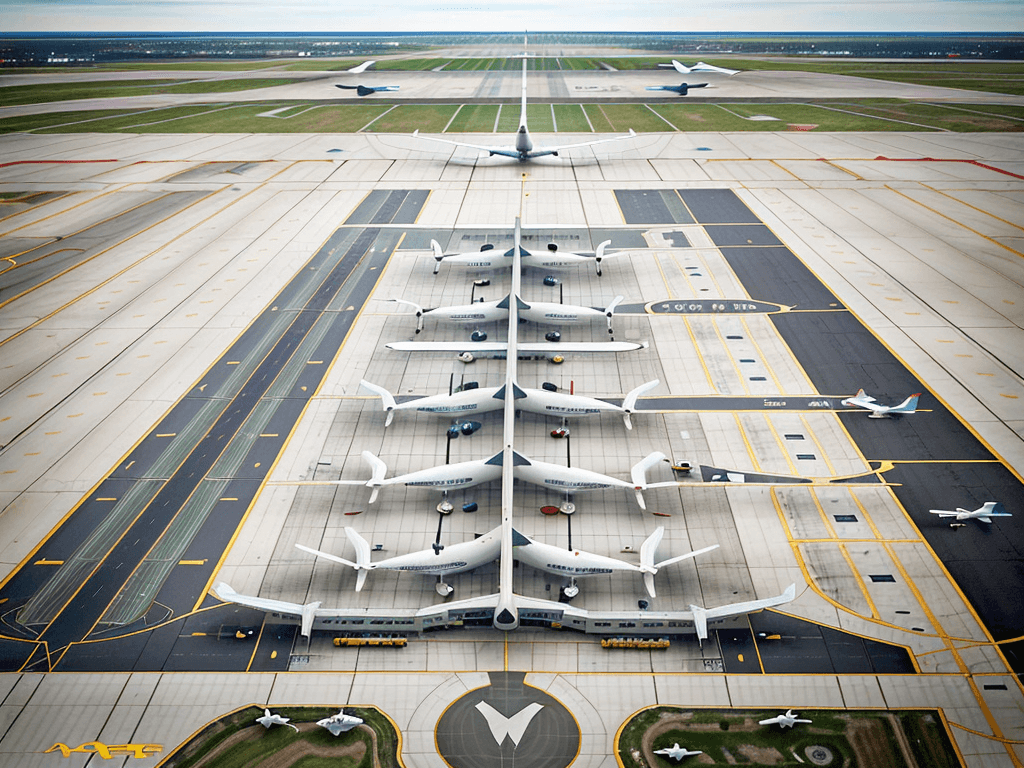 AI generated: The image presents an aerial view of an airport, captured as if taken by a drone. From this perspect...