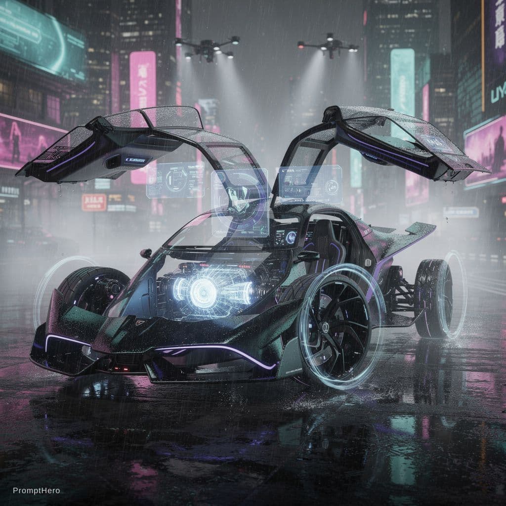 AI generated: Hyper-futuristic concept sports car never seen before, experimental prototype with unknown technolog...