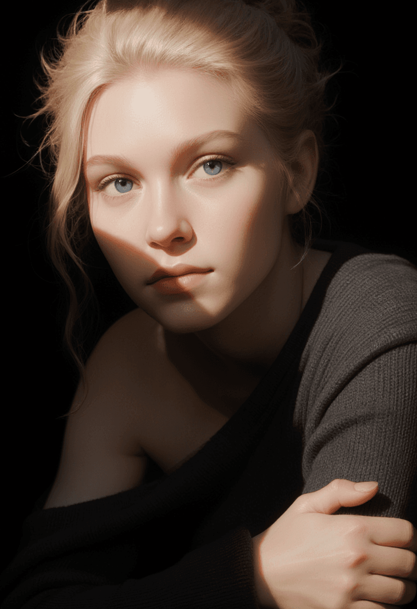 AI generated: A photorealistic portrait of a woman with tousled, light blonde hair styled in a messy updo, set aga...