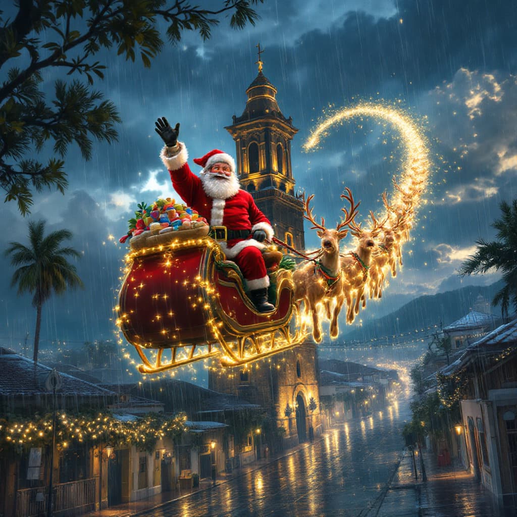 AI generated: A realistic and highly detailed depiction of Santa Claus, joyful and spirited, flying over the histo...