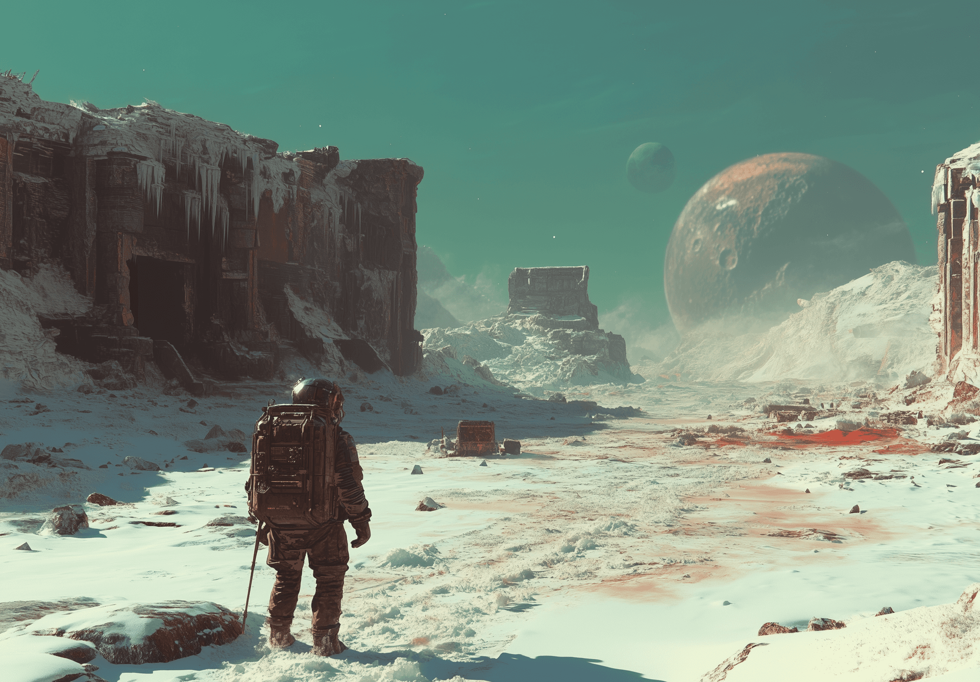 AI generated: A lone astronaut on an icy planet, gazing at the distant horizon where two moons and one gas giant c...