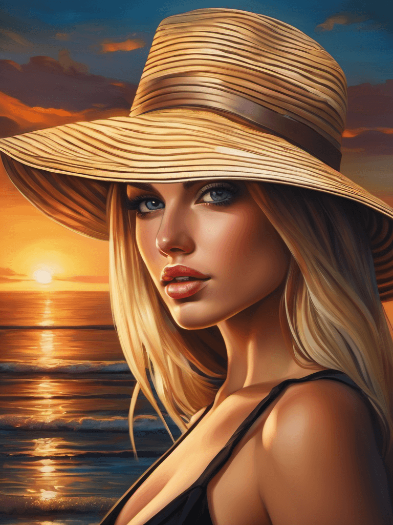 AI generated: half body portrait of a beautiful blonde lady at beach, dark, sunset, alluring, seductive, elegant, ...