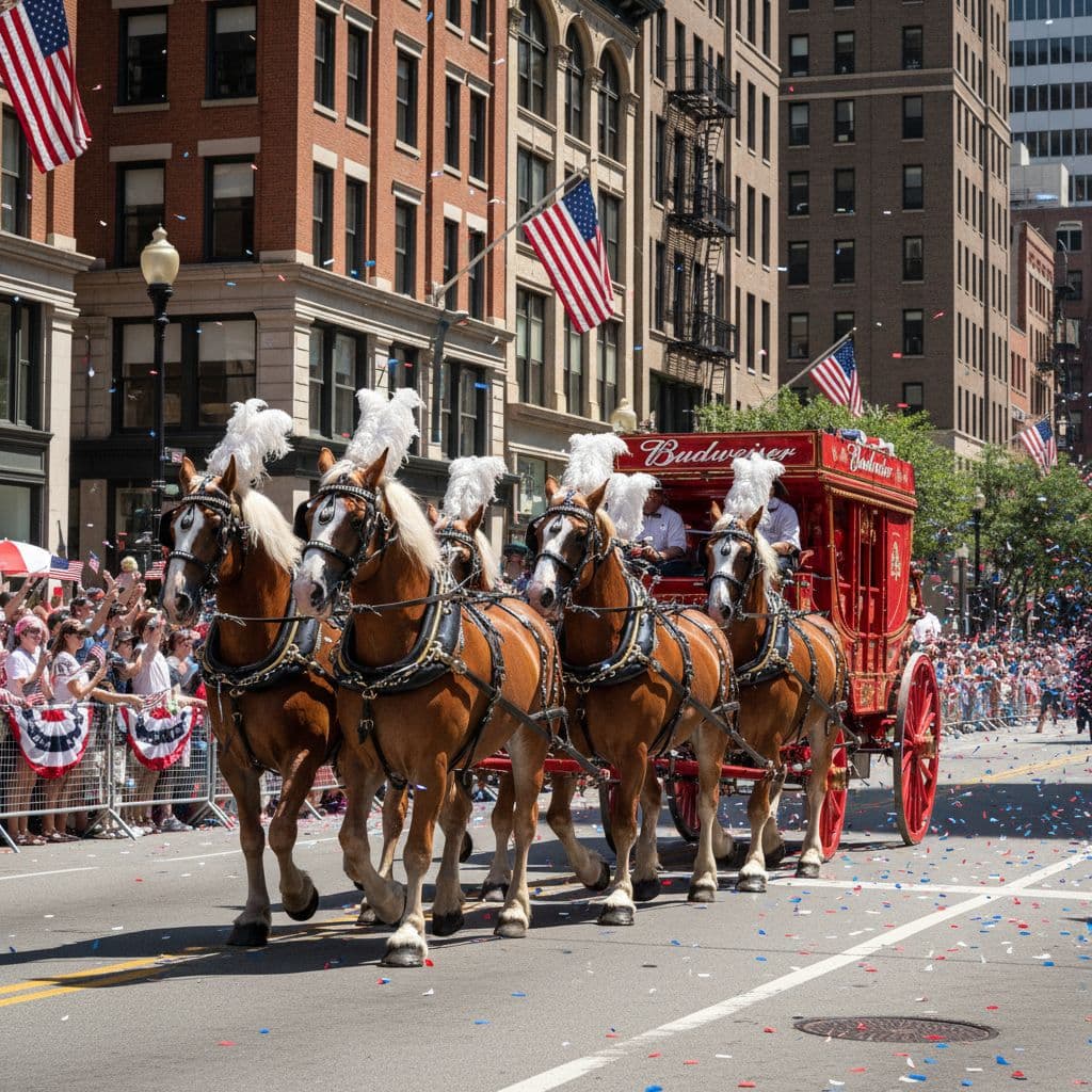 AI generated: A vibrant parade scene featuring majestic Budweiser Clydesdale horses, their glossy coats gleaming i...