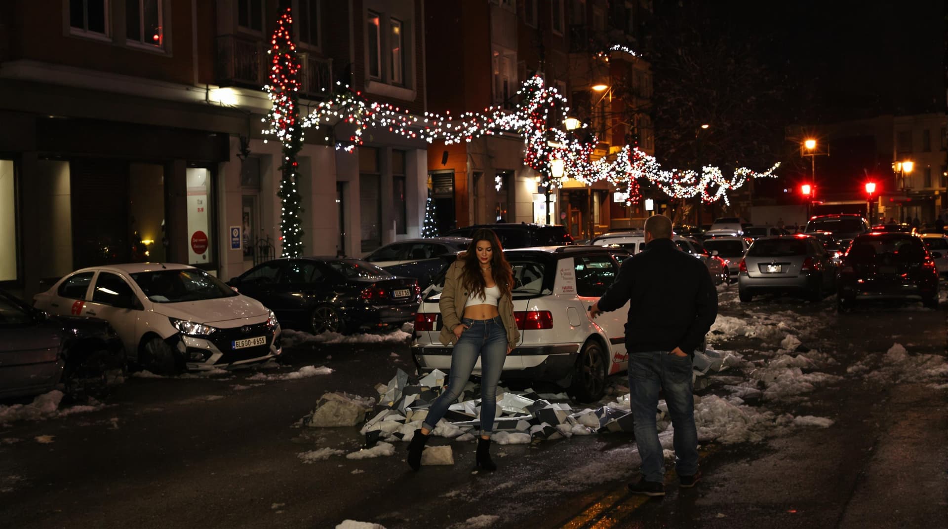 AI generated: Christmas eve, snoving street, lishts, buildings, young sexy woman and man swear in front of the bro...