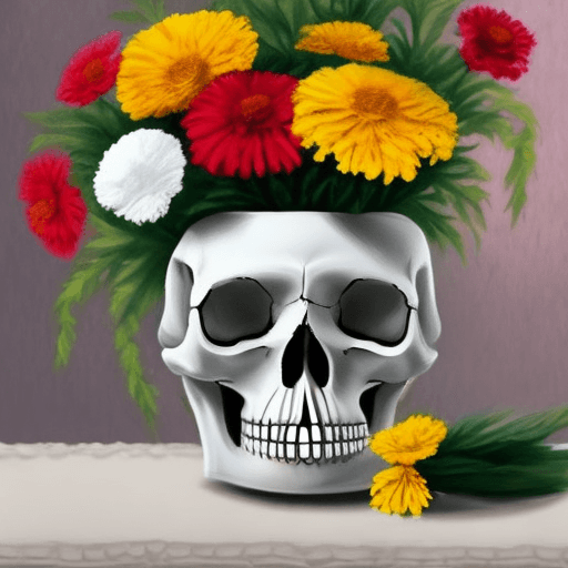 AI generated: round, white vase, colorful marigolds, picture of skull