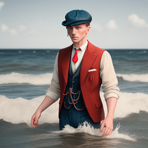 AI generated: a Man with blue eyes and light hair stands in the water,  dressed in peaky blinders style, in the st...