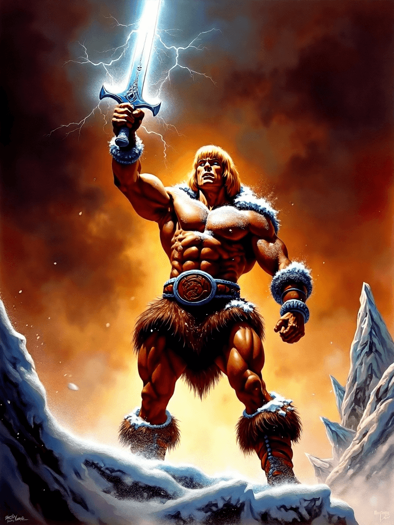 AI generated: : (Ultra-detailed, Boris Vallejo, hyper-realistic, cinematic, sharp focus:1.5), He-Man, the iconic h...