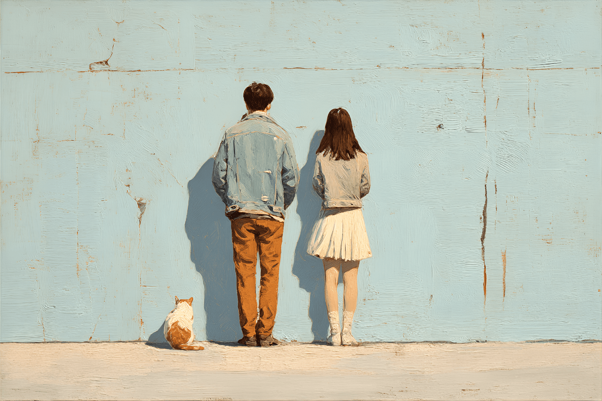 AI generated: painting of two young adults, likely Caucasian, standing side-by-side, facing a light-blue wall.  Th...