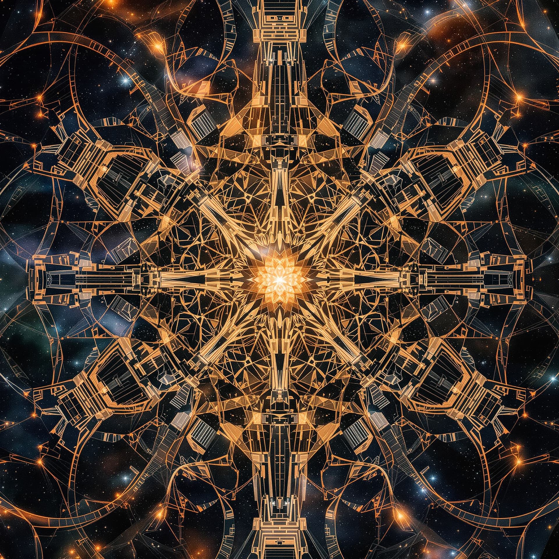 AI generated: a fractal mirror image of a highly advanced fractal city intertwining with the universe. 