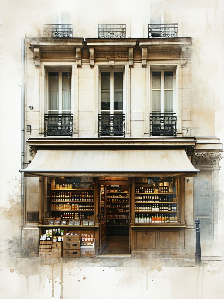 AI generated: Paris 1880, hyperrealistic illustration, a facade of a little shop, front view, elevation, in faded ...