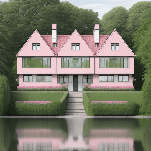 AI generated: Garden with a small single-family house in Bauhaus style by the lake. View of the house from diagona...