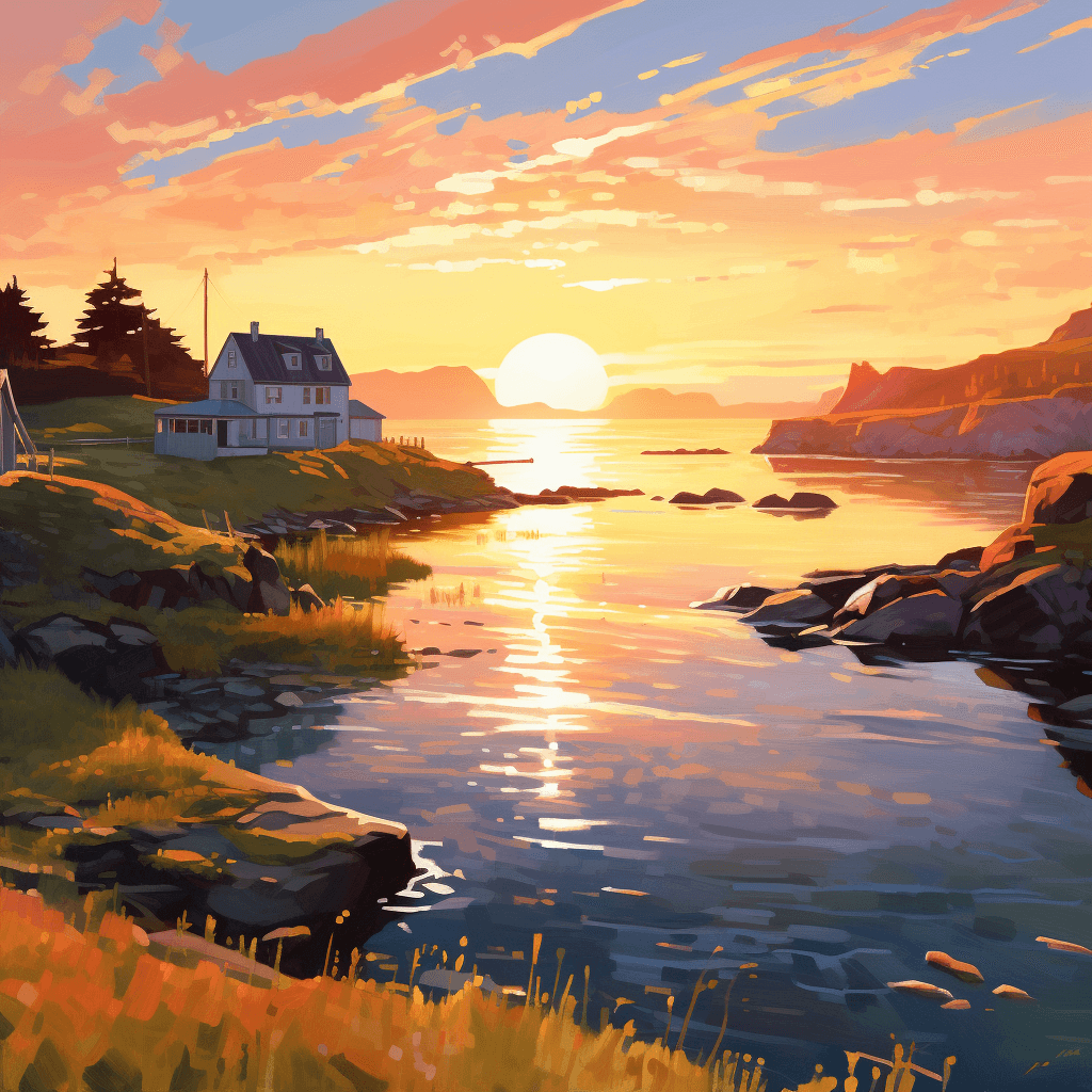 AI generated: masterpiece artwork of a dramatically lit Newfoundland landscape at sunrise. there is still body of ...
